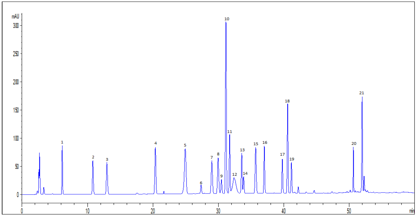 图2. 21种待测化学成分的混合标准溶液色谱图（流动相I）.png